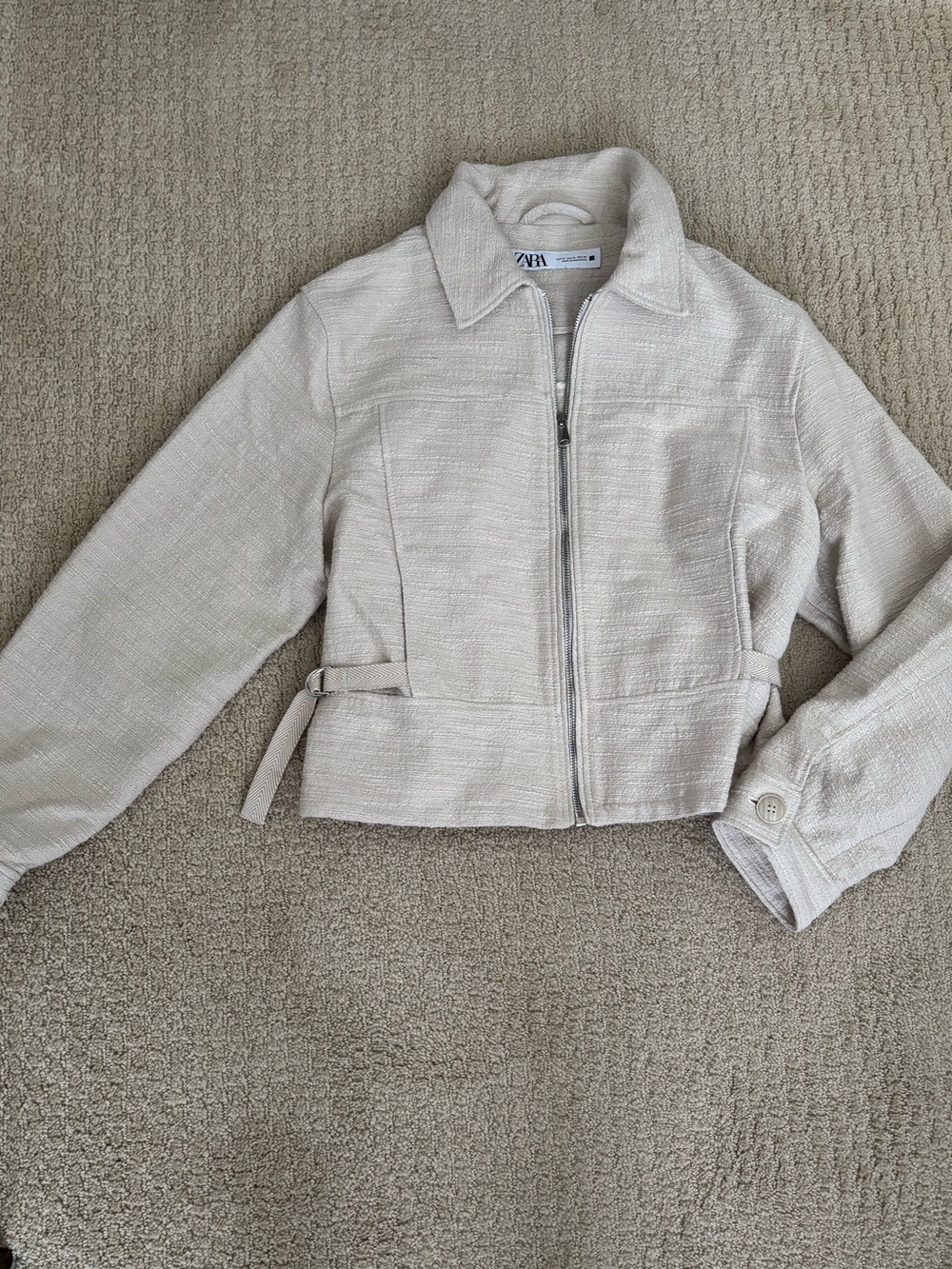 Zara Cream Tweed Zip-Front Jacket